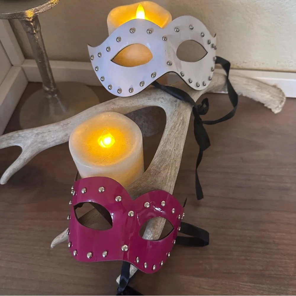 Mardi Gras Elegant White and Pink Studded Masks